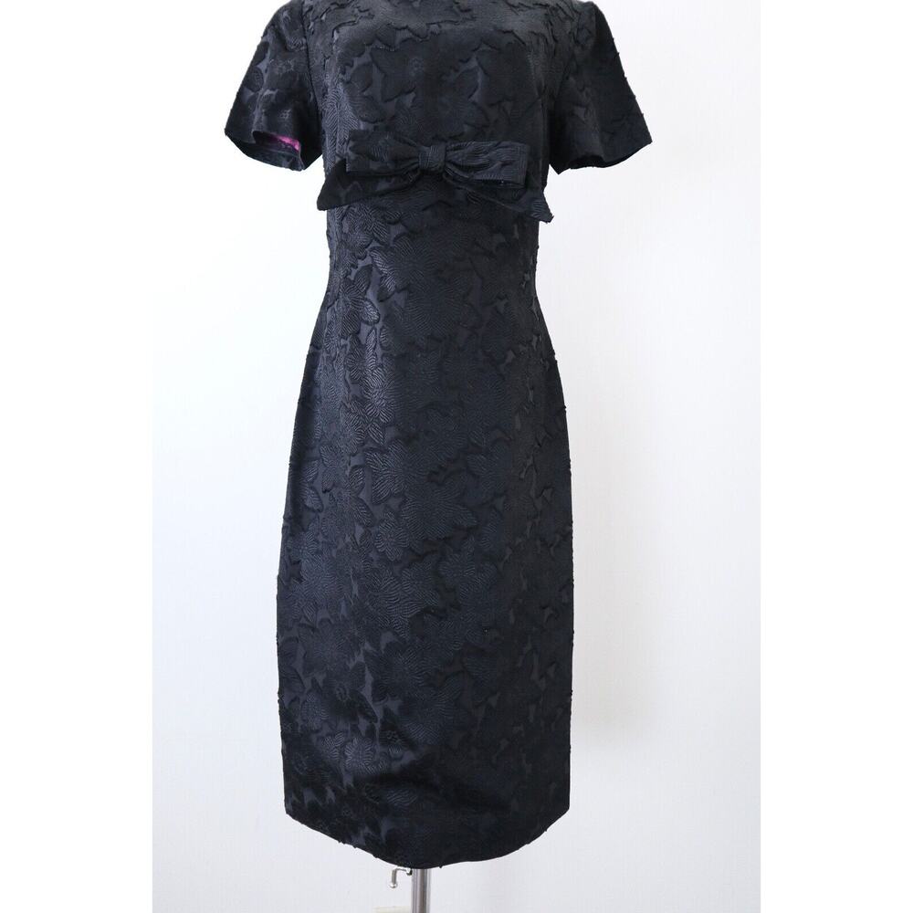 Vintage 1960s Boat Neck Sheath Dress Bow Front Short Sleeve Jacquard Black - Picture 3 of 11